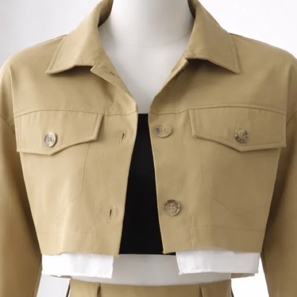 Cropped Khaki Jacket and Pleated Skirt Set - Khaki with White Trim - Picture 7 of 8